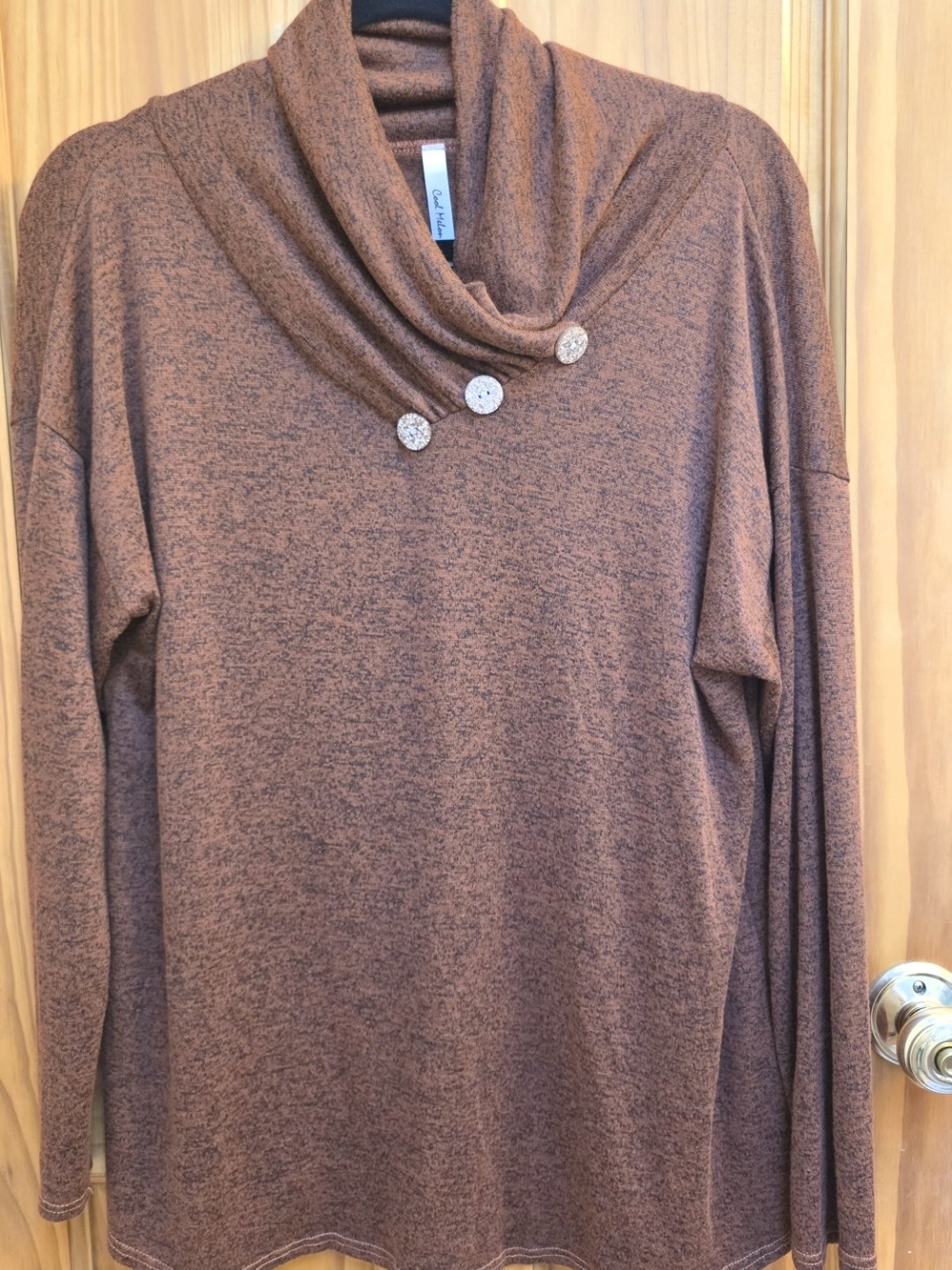 Cowl Neck Long-Sleeve Sweater with Button Detail - Brown